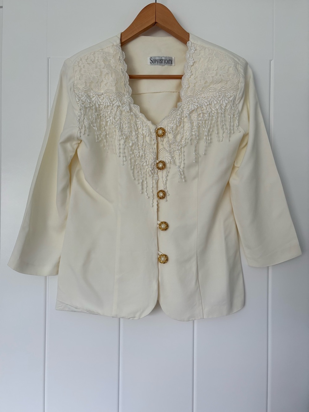 Vintage Cream Lace Appliqué Fringe Dress Jacket Blazer Ornate Gold Pearl Bridal